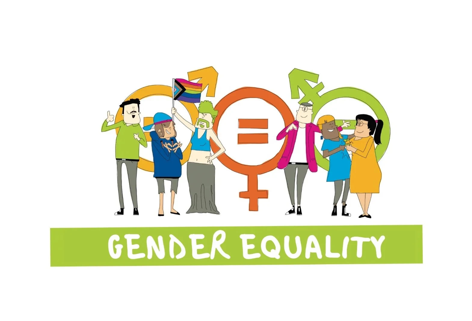 Cartoon-like image on the topic of gender equality. Depiction of a group of various people. One person is holding up a rainbow flag while another person is forming a heart with their fingers. Two other people are embracing and bumping fists. In the background, the gender symbols for male, female, and diverse are depicted. The equal sign is located in the center of each symbol.