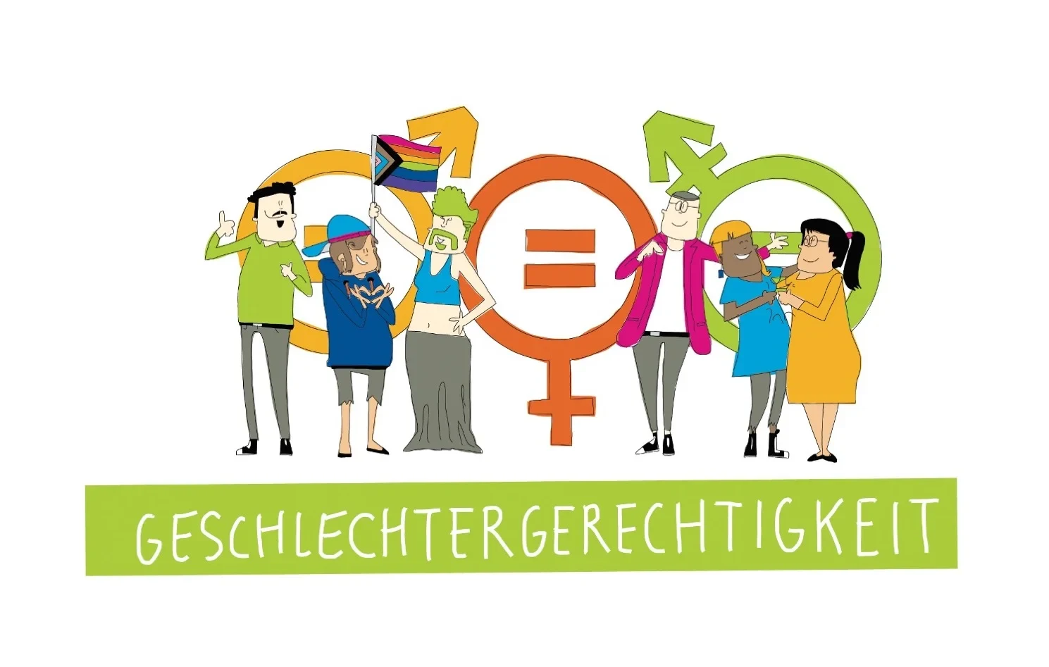 Comicartiges Übersichtsbild zum Thema Geschlechtergerechtigkeit. Darstellung einer Gruppe unterschiedlicher Menschen. Eine Person hält eine Regenbogenflagge hoch während eine andere Person mit den Fingern ein Herz formt. Zwei andere Personen liegen sich in den Armen und stoßen die Fäuste zusammen. Im Hintergrund sind die genderbezogenen Symbolen für männlich, weiblich und divers abgebildet. In der Mitte der Symbole befindet sich jeweils ein Gleichheitszeichen.