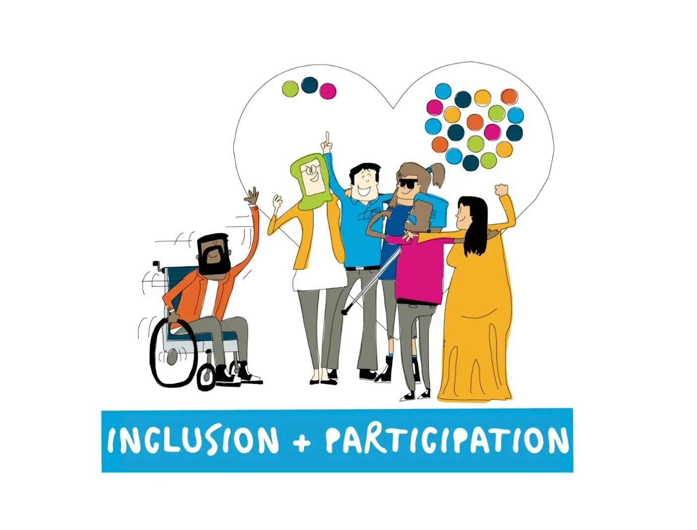 The cartoon-like overview on the topic of inclusion and participation shows a diverse group of people with their arms stretched upwards. One person is in a wheelchair and another is shown with a white cane and dark glasses. In the background is a large heart with colorful dots as a symbol of inclusion.