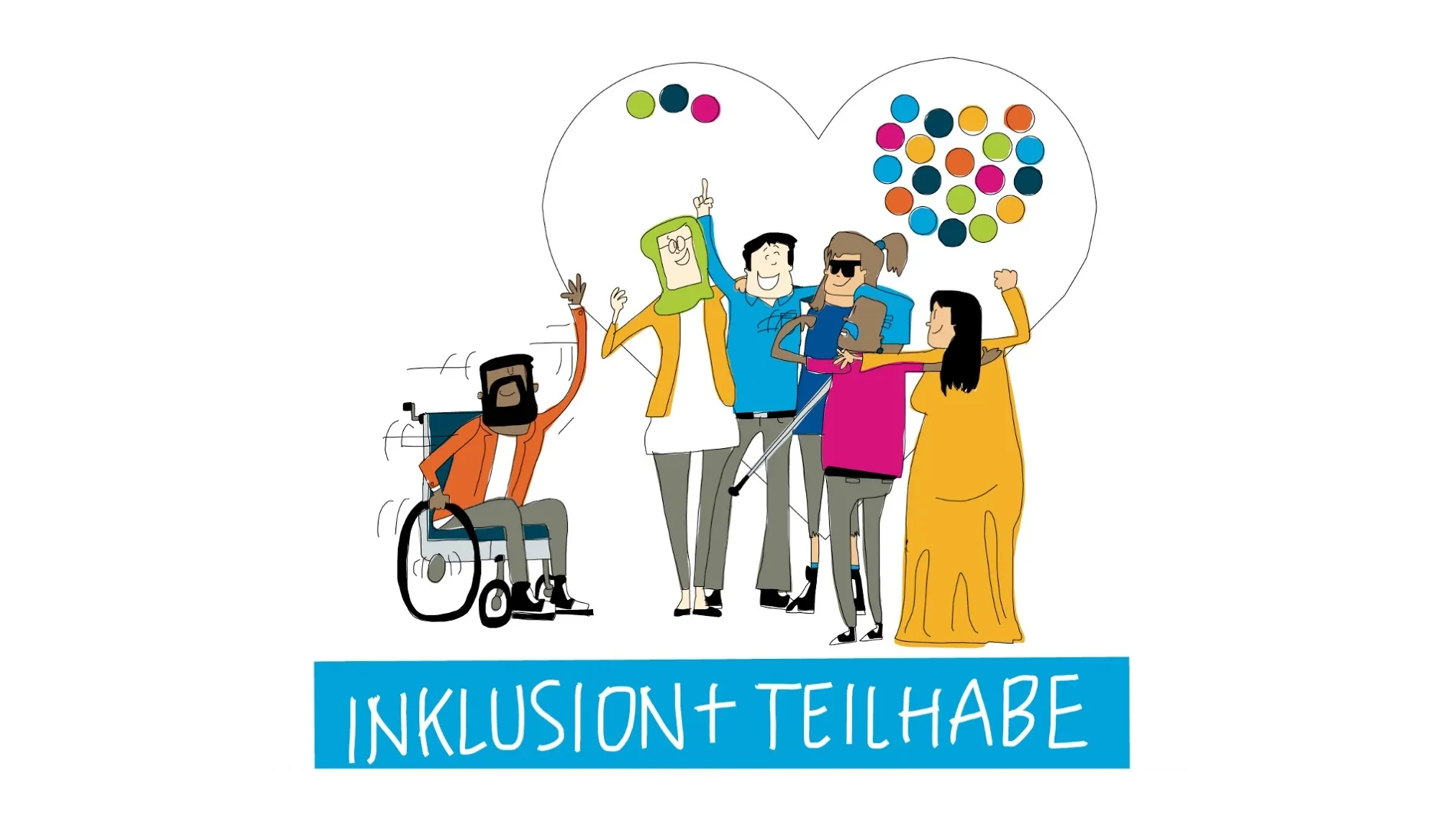 Das comicartige Übersichtsbild zum Thema Inklusion und Teilhabe zeigt eine vielfältige Gruppe von Menschen mit nach oben gestreckten Armen. Es ist eine Person im Rollstuhl und eine Person mit Weißem Langstock und dunkler Brille abgebildet. Im Hintergrund befindet sich ein großes Herz mit bunten Punkten als Symbol für Inklusion.